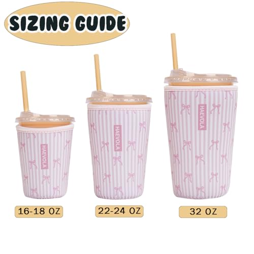 Image of Reusable Insulated Neoprene Iced Coffee Cup Sleeve, Durable Drink Sleeve for Cold Beverages, Beverage Holder for Iced Coffee (Pink Striped Bows)