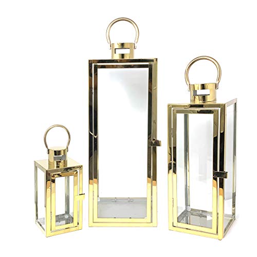 Image of Allgala 3-PC Lantern Set 23 Inch Jumbo Deluxe Modern Indoor /Outdoor Candle Lantern Set Stainless Steel Frame Tempered Glass Rectangular Gold Color for Garden Poolside Fireplace Wedding
