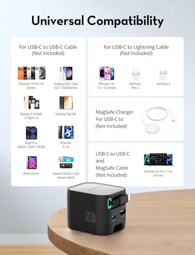 Image of RAVPower 65W GaN PD Fast Charger with Retractable Type-C Cable | 3-Port Wall Adapter (2 USB-C + 1 USB-A) | Foldable Pin Travel Charger for iPhone, Samsung, iPad, MacBook,Type C Laptop