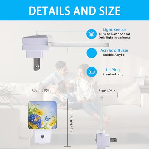 Image of Night Lights Plug into Wall Blue Butterfly Flower Night Lights Dusk to Dawn Sensor Led Lamp for Women Men,Led Lights for Stairway /Hallway /Bedroom,0.5W