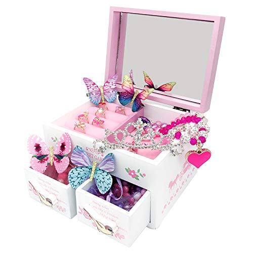Elesa Miracle Little Girl Kids Wood Jewelry Box and Girl Princess Jewelry Dress Up Accessories Toy Playset Set - Thumbnail 2