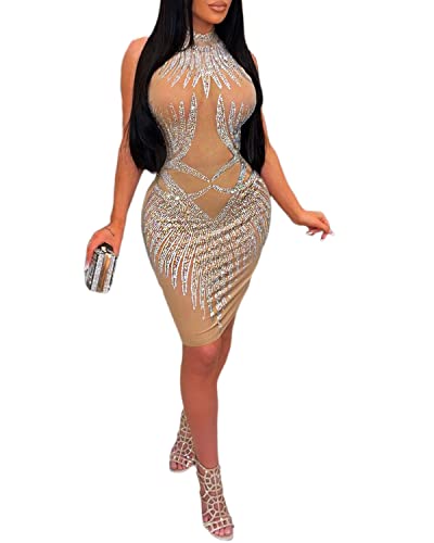 Image of PORRCEY Women's Sexy Hot Drilling Craft Dress Sleeveless Bodycon Party Club Night Out Dress(K2362,Beige,L)