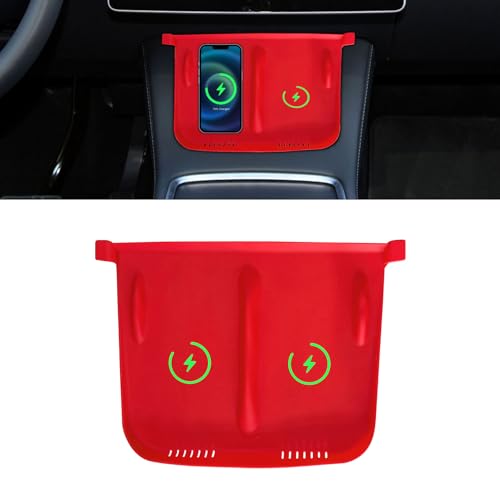 Lecctso Center Console Wireless Charger Anti-Slip Silicone Mat, Waterproof Phone Pad for Wireless Charging, Car Interior Accessories Universal for Model 3 Model Y 2021-2024 (Luminous, Red)