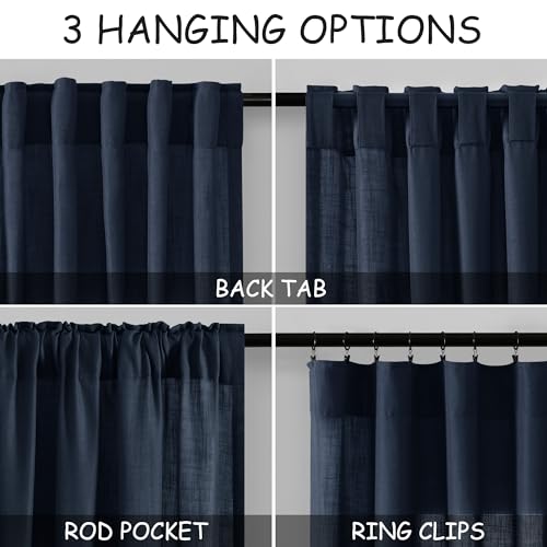 Image of Navy Blue Linen Textured 96 Inch Curtains 2 Panel Set Back Tab Rod Pocket Semi Sheer Boho Room Decor Aesthetic Curtains Indigo Blue Burlap Look Curtain Drapes for Living Room Bedroom 8Ft 40x96 Inch