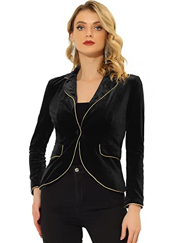 Blazer feminino de veludo com lapela entalhada com 1 botão, Preto, P
