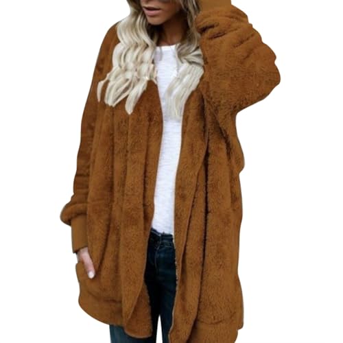 Luckywaqng Abrigo de mujer color crema chaqueta mujer fuzzy manga larga abierta frontal con capucha cárdigans sudaderas con capucha Shaggy Fleece Jackets Invierno Faux Coat Lana Virgen Abrigo Mujer