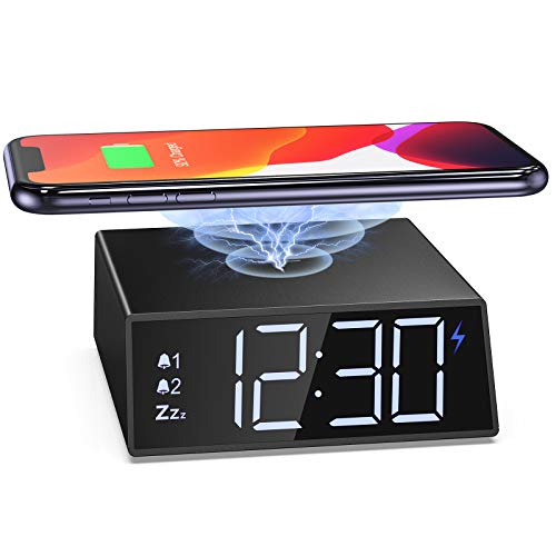 Alarm Clock with 10W Wireless Charging for Bedroom, Digital Alarm Clock Large LED Display, 0-100% Dimmable Brightness, Dual Alarm Clocks for Bedside, Office
