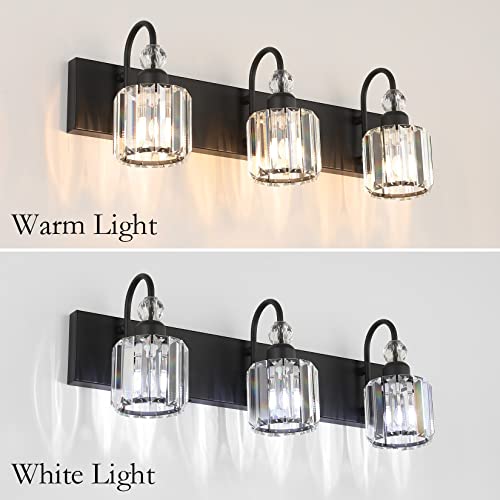 Image of Ralbay Modern Crystal Vanity Light 3-Lights Modern Crystal Vanity Lights for Bathroom Matte Black Crystal Bath Wall Light Fixtures Modern Black Crystal Bathroom Light Fixtures