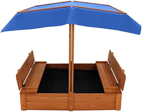 Kids Large Wooden Sandbox, Convertible Cedar Sandbox with Adjustable Canopy & 2 Foldable Bench Seats, Sand Protection, Bottom Liner – Sand Pit for Beach, Garden, Patio, Outdoor (47x47Inch)