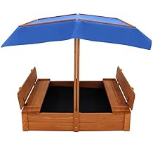Kids Large Wooden Sandbox, Convertible Cedar Sandbox with Adjustable Canopy & 2 Foldable Bench Seats, Sand Protection, Bottom Liner - Sand Pit for Beach, Garden, Patio, Outdoor 47x47Inch