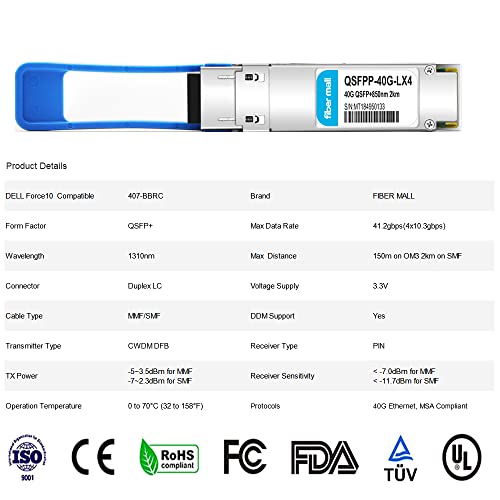 Image of 40G QSFP+ LM4 for DELL Force10 407-BBRC,40GBASE-LM4 QSFP+ 1310nm 4 CWDM 1310nm 2km /150m SMF /MMF LC DDM Optical Transceiver Module