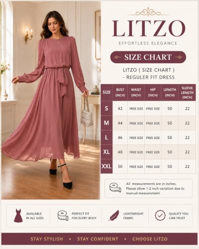 Image of LITZO Women's One Piece Dress - Georgette Solid Color Western Gown | Long Sleeve Round Neck Fit & Flare Flared Hem Design | A-Line Maxi Dress for Women | New Year Party Outfit (NO-14-16)