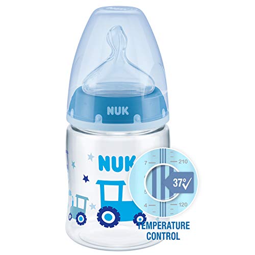NUK First Choice+ Babyflasche | mit Temperature Control Anzeige | 150ml | 0-6 Monate | Anti-Colic | BPA Frei | blau (Traktor)