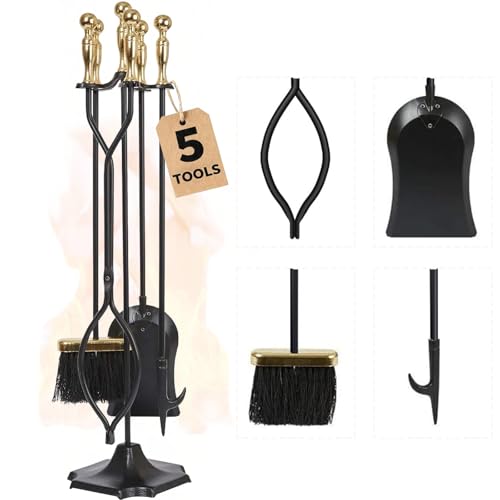Amagabeli 5 Pcs Large Fireplace Tools Sets Golden Handle Wrought Iron Tool Set and Holder Outdoor Fireset Fire Pit Stand Indoor Tongs Shovel Antique Brush Chimney Poker Wood Stove Hearth Accessories