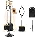 5 Pcs Fireplace Tools Sets Golden Handle Wrought Iron Fire Place Tool Set and Holder Outdoor Fireset Fire Pit Stand Rustic Tongs Shovel Antique Brush Chimney Poker Wood Stove Hearth Accessories Kit