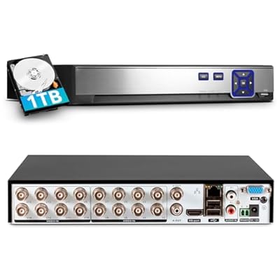 TOWODE 16 Channel Security Recorder DVR Supports 5MP Hybrid 5-in-1 AHD/TVI/CVI/CVBS/IP Analog Camera DVR with Human Detection, Remote Access 24/7 Recording(Pre-Installed 1TB Hard Drive)
