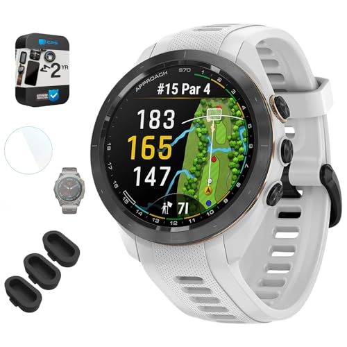 Garmin 010-02746-00 Approach S70 42 mm Premium GPS Golf Watch White Band Bundle with Deco Essentials Silicone Dust Cover 3 Pack, 1.4 Inch Screen Protector and 2 YR CPS Enhanced Protection Pack