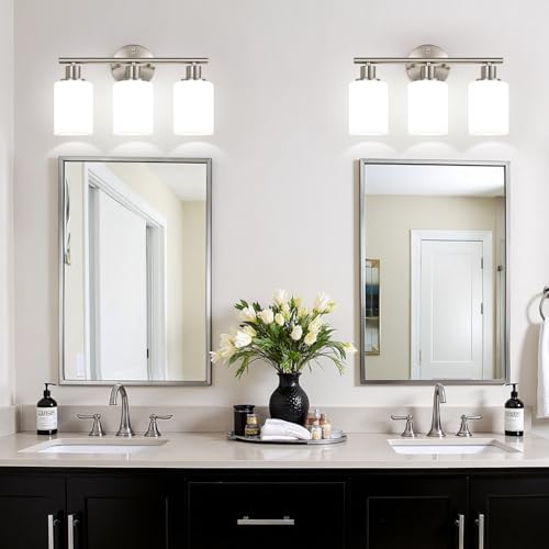 Image of Zarbitta 3-Light Bathroom Light Fixtures, Brushed Nickel Vanity Light, Farmhouse Wall Lights with Milky White Frosted Glass Shades, Bathroom Wall Lamp for Mirror Kitchen Bedroom Hallway Living Room