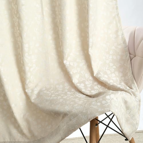 Image of haus & kinder Printed Jacquard Window Curtains 5 Feet Long Pack of 2 Window Curtains, 5 Feet Curtains for Window (Gingko Serenity, Champagne Nature 130x152 CM)