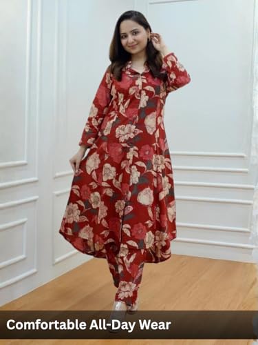 Image of Leriya Fashion Women's Cotton Printed A-Line Kurti Pant Set | Abstract Leaf & Floral Kurta with Trouser Pant | Casual Ethnic Co-ord Set for Women Stylish | Elegant Anarkali Style Tunic Kurta Set