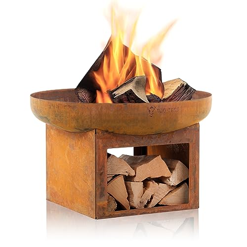 BBQ-Toro Feuerschale Ø 70 cm | Rostoptik | Outdoor Feuerstelle mit Holzlagerfach | Feuerschalen für den Garten, Brennschale, Garden Fire Pit, Fire Bowl, Feuerwanne