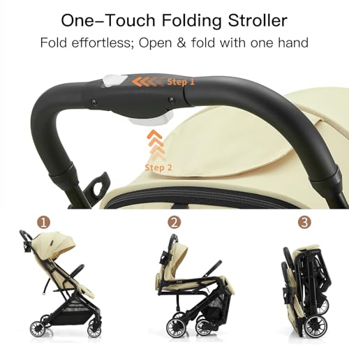 Compact Fold Baby Stroller, Lightweight Travel Toddler Stroller with One-Click Fold, Extendable UPF50+ Canopy, Cup Holder, UV Protected and Waterproof, One-Hand Folding - Beige - Image 4