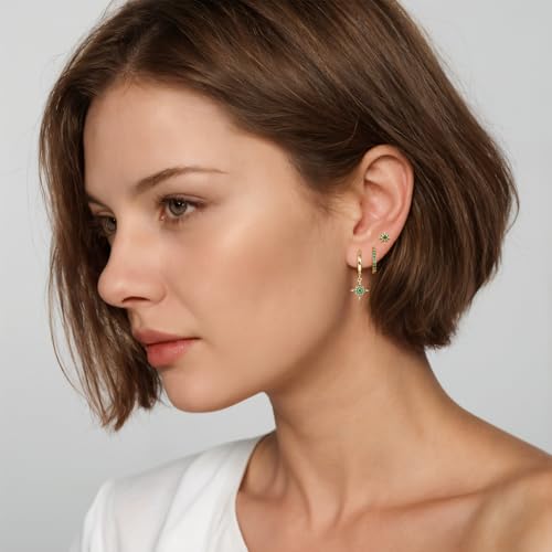 Angelady 14K Gold Plated Earring Sets for Women, Dainty Star Stud Earrings for Multiple Piercing, Trendy Hypoallergenic Huggie Hoop Earrings, Cartilage Dangle Earring Stacks Jewelry Gifts2