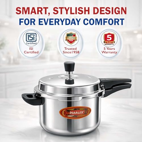 Image of Marlex Triply Stainless Steel 5 Litres Pressure Cooker with Outer Lid | Triply Steel Cooker with 3mm 3- Layer Thick Body, for Multi Cooktop Induction, Gas, Hot plate, Strong Sturdy Handle -5 Year Wrty