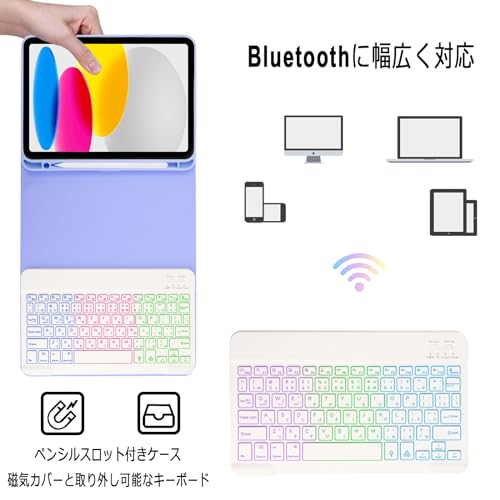 EAMPANG iPad (A16) 11インチ 第11世代2025/10世代 10.9インチ 2022ケース キーボード 日本語・英語, 7色レインボーバックライトキーボード付きケース iPad 10 11世代(A2696 A2757 A2777 A3354 A3355 A3356), 脱着式 Pencil収納 スタンド機能 多角度調整 傷つけ防止 耐久性【紫と白】