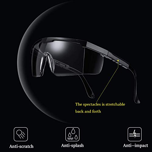 Ohwekit Safety Goggles Protective Eyewear Goggles, Clear Anti-fog/Anti-Scratch Adjustable Temple Safety Glasses over Prescription Glasses, Black Frame