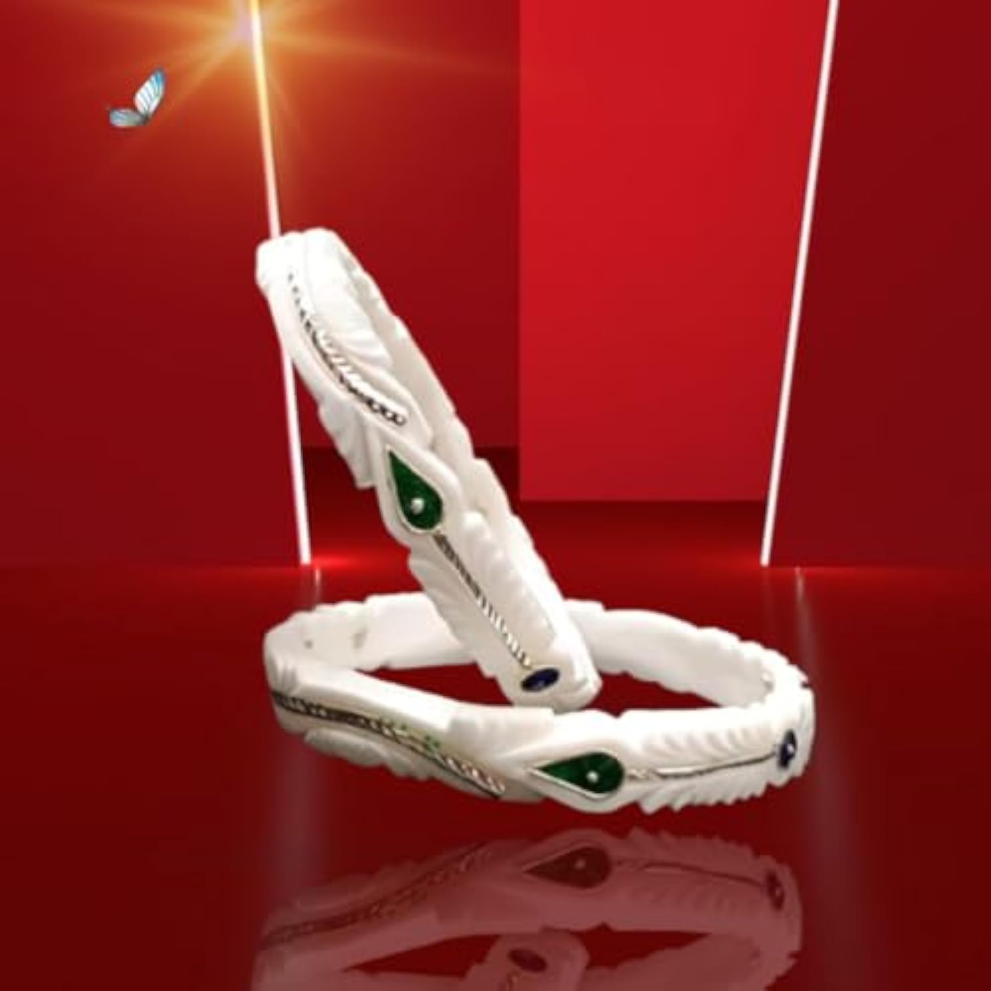 Women's Traditional Silver White Bangles with Green and Blue Leaf Motif, Velvet Box Gift