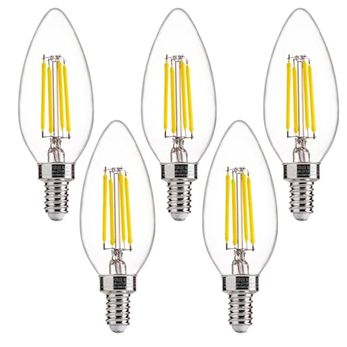 FLSNT 60W Equivalent LED Chandelier Light Bulbs E12 Base Clear B11 LED Filament Candelabra Bulbs 5000K Daylight 500LM 5 Pack Non-Dimmable CRI82