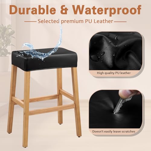 Image of PU Leather Bar Stool Covers Rectangular, 100% Waterproof Stool Covers Rectangle Super Stretch 20% Thicker Leather Saddle Stools Cover Rectangular Counter Bar Stools with Elastic Band (4 PCS, Black)