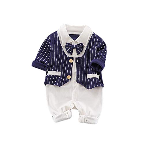 HEQU Baby Boy Gentleman Outfit Formal Long Sleeve Tuxedo Bowtie One-Piece Romper Jumpsuit for Wedding Party(6-9M Striped Tuxedo Style Two)