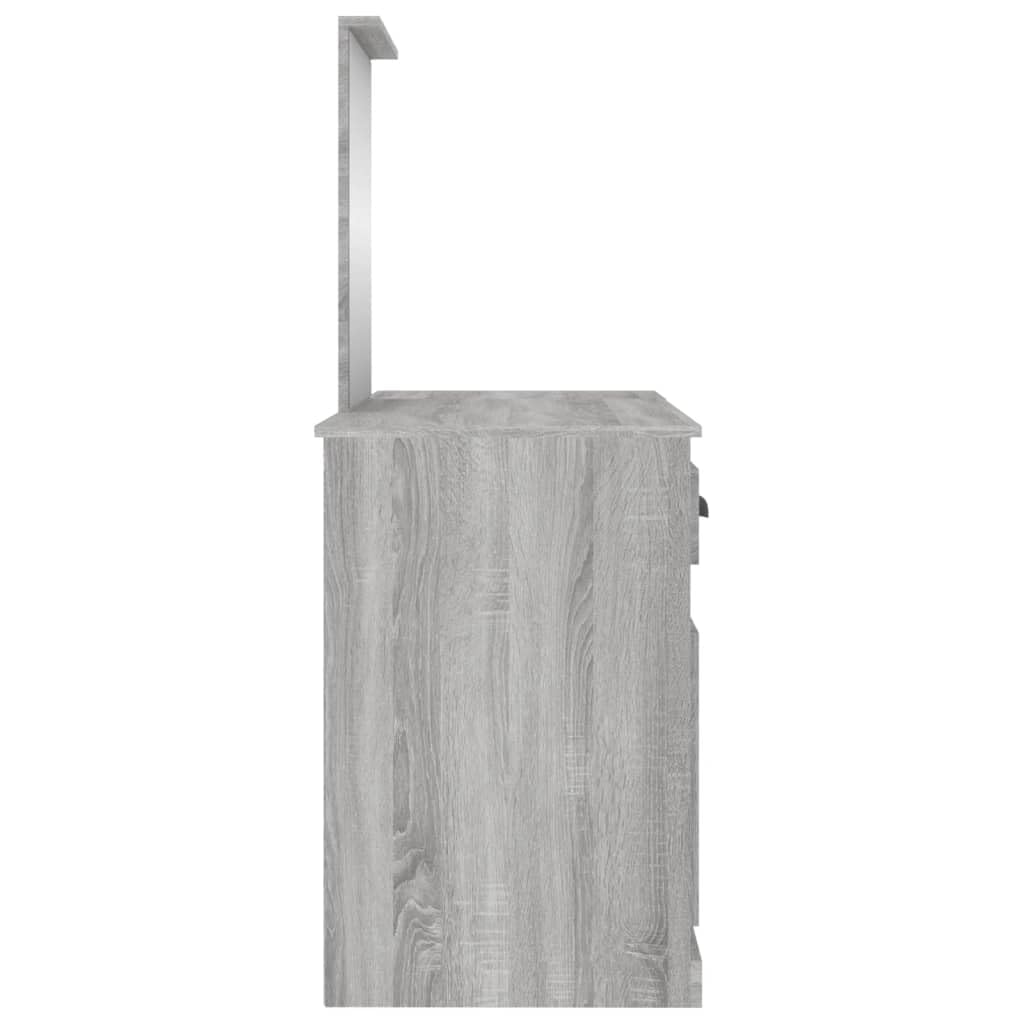 Tocador con espejo gris Sonoma de madera, 130 x 50 x 132,5 cm, con cajón, taburete, iluminación LED y espacio de almacenamiento para dormitorio o habitación de niña