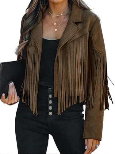 Bibowa Faux Leather Jackets For Women Trendy Cowgirl Outfits Fall Western Fringe Cropped Jacket 2026 Tassel Motorcycle Crop Coats Winter Dark Brown S
