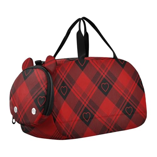 Buffalo Plaid Red Black Hearts Kids Duffel Bag with Shoes Compartment Multifunctional Overnight Weekender Carry On Travel Bag for School Practice, Sports, Travel