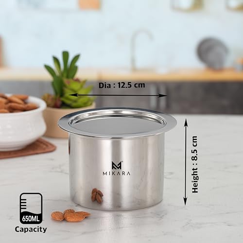 Image of MIKARA Stainless Steel Tope with Lid | Flat Bottom Patila | Heavy Duty Kitchen Cookware| for Gas & Induction Use| Strong, Durable & Multipurpose Cookware. Space Saving (650 ml)