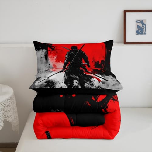 Image of Feelyou Japanese Samurai Comforter Set All Season Warrior Bushido Bedding Set with 1 Pillow Cases Black Red Microfiber Kids Toddler Bedclothes Mount Fuji Bedroom Decor Duvet Quilt Breathable Soft