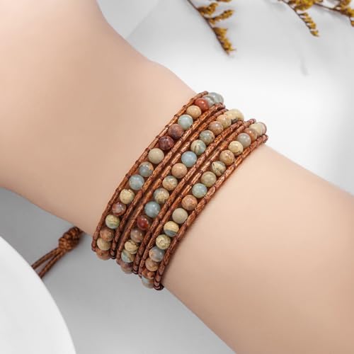 Image of Plumiss Women Boho Handmade Natural Stone Crystal Leather Bead Wrap Bracelets Collection