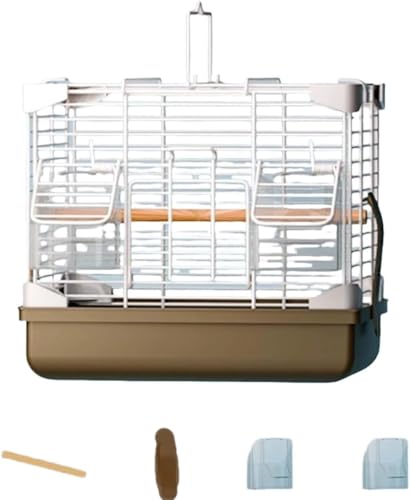 WOLKKAM 鳥かご 耐久性のあるポータブル 手持ち式 旅行用 鳥かご 給餌器と給水器付き スタンド付き オウム、カナリア、セキセイインコ、ラブバード、小鳥、幼鳥に適しています (ブラウン)