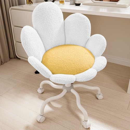 HomeZeer White Vanity Chair with Wheels and Back, Cute Daisy Flower Comfy Upholstered Fuzzy Vanity Desk Chair for Girls Makeup, Swivel Rolling, Height Adjustable