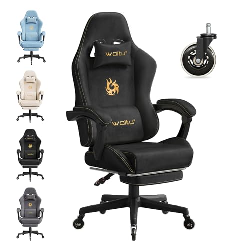 Sedia da gaming, Sedia Gaming Ergonomica con Ruote Silenziose, Altezza e Inclinazione Regolabile, con Braccioli Sincronizzati e Poggiapiedi, in Tessuto Scamosciato, Nero