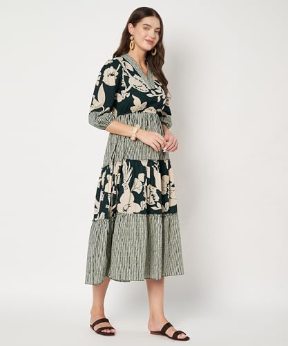 Image of PIDAVLIYA'S Women's Floral Summer Maxi Dress I Cotton Printed I One Piece Bodycon Midi Dress with V-Neck, Puffed Sleeves