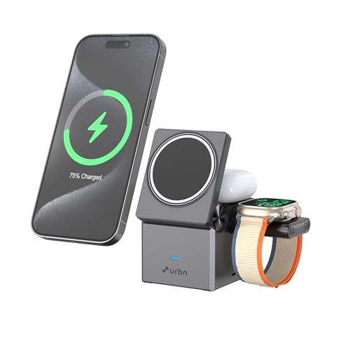 Image of URBN Wireless Charger 3-in-1 MagSafe Charging Stand | Foldable Charger for Apple iWatch, AirPods, iPhone 16 /16 Pro /16 Plus /15 /15 Pro Max & Qi-Compatible Smartphones | Qube Design