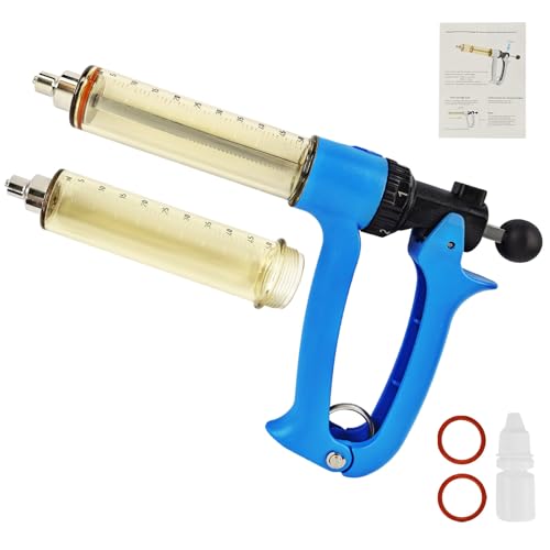 50ML Semi Automatic Livestock Syringe for Cow Goat Cattle Sheep Pig 5 Gears Adjustable Continuous Repeating Injection Veterinary Cattle Vaccine Luer Lock Syringe with 2 Tubes