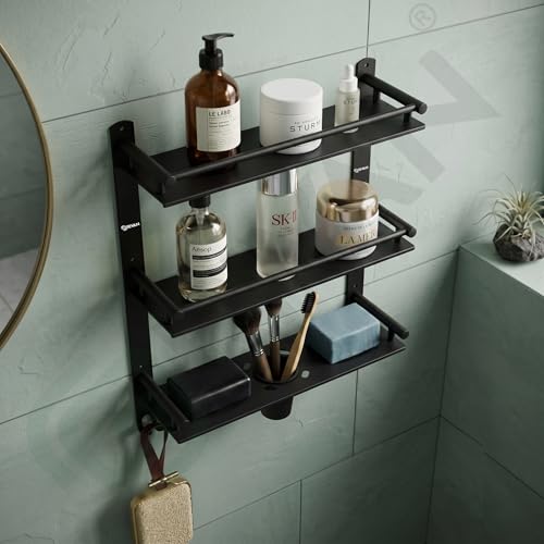 Image of GRIVAN Stainless Steel 3-Tier Bathroom Accessories Set - Heavy Duty Bathroom Shelves with Dual Soap Holder, Toothbrush Holder & Tumbler | Wall Mounted Bathroom Organizer
