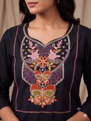 Image of Cotton Blend Embroidered Straight Kurta for Women | Cotton Blend | 3 /4 Sleeve | Round Neck V-Slit | Ethnic Wear Casual Wear