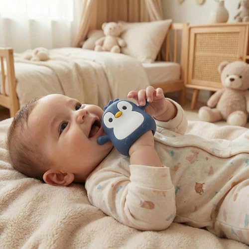 Image of Baby Teething Toys for 3-6 Months Silicone Teething Mittens for Babies Food Grade Silicone Teether (Penguin Black wthite)