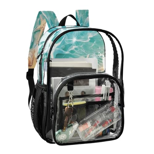 Summer Beach Starfish and Seashell Clear Backpack - Stadium Approved Large 15.7-inch Waterproof Transparent Bag for Sports, Concerts, Work, Travel#5612